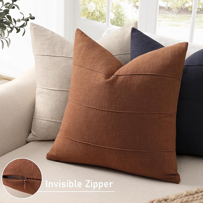 ZWJD Decorative Linen Throw Pillow Covers 16x16 Set of 2 Solid Handcrafted Striped Cushion Covers for Bed Soft Modern Farmhouse Neutral Pillowcase for Couch Bedroom Living Room Home Decor(Rust)
