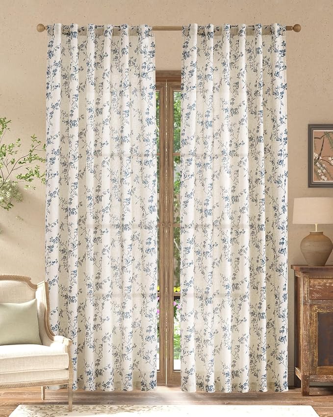 jinchan Blue Floral Linen Curtains 90 Inch French Country Back Tab 2 Panels | Flower patterned drapes, farmhouse, printed, light filtering, bedroom, living room, kitchen, window treatment, rod pocket