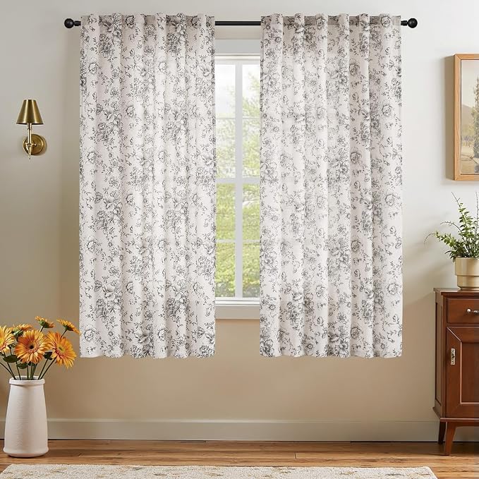 jinchan Black Floral Linen Curtains 63 Inch Farmhouse Back Tab 2 Panels | Light filtering drapes, semi sheer, farmhouse, cottagecore, rustic, living room, bedroom, rod pocket, window treatment