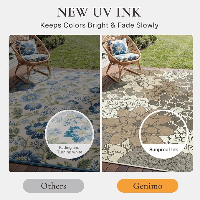 GENIMO 5x8 Outdoor Rug, Washable for Patio and Deck, Coffee Beige | Floral design for porch; fade resistant chenille with quick-dry non-slip backing for indoor sunroom