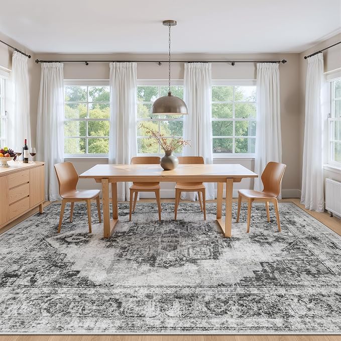 Area Rug 9x12 Vintage Rugs: Large Washable Indoor Medallion Rug Low Pile Distressed Floor Carpet Retro Accent Rugs for Living Room Bedroom Kitchen Dining Table Home Office(Black, 9'x12')