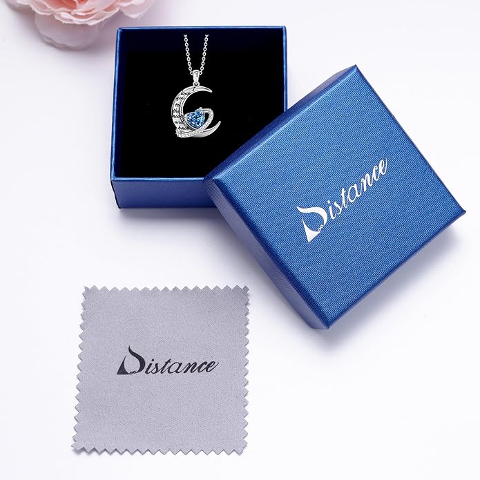 Distance I Love You to The Moon and Back Necklace for Women, S925 Sterling Silver Forever Love Heart Birthstone Necklace, Anniversary Birthday Jewelry for Wife Lover