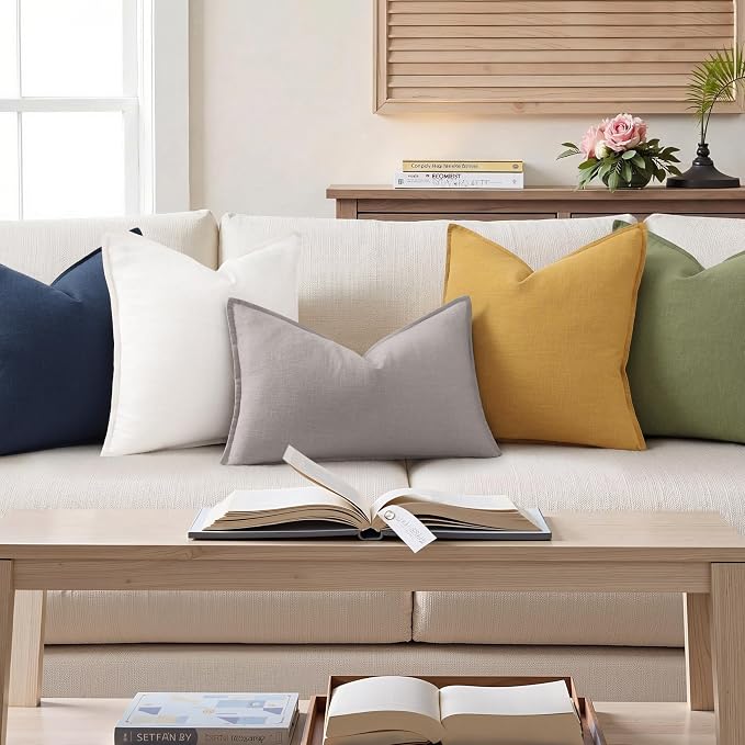 decorUhome Fall Light Grey Linen Throw Pillow Covers 12x20 Set of 2 | Decorative Soft Cozy Modern Farmhouse Boho Accent Pillow Cases with Flange Edges for Couch Bed Sofa Living Room Home Decor