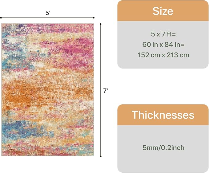 5x7 Area Rugs Washable Pink Rug for Living Room Nursery, Modern Abstract Large Rug Non Slip, Water Repellent Low Pile Soft Carpet for Bedroom, Dining Room, Home Office, Colorful Pink