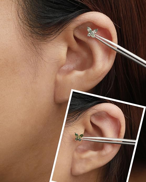 Jewseen Celtic knot&Butterfly Moss Agate Stud Earrings Dangle Internal Threaded Flat Back 16g 8mm Hypoallergenic 925 Sterling Silver Piercing Jewelry for Cartilage Lip Conch Tragus Helix