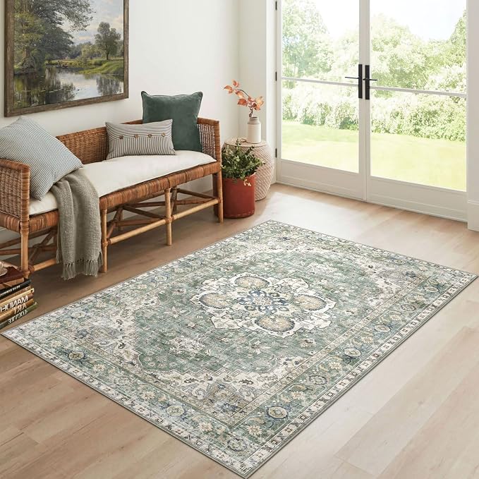 LUXRUG 3x5 Washable Area Rug - Small Entryway Rug Non-Slip Sage Green Vintage Oriental Kitchen Rugs Low Pile Boho Carpet Throw Rugs for Living Room Bedroom Bathroom Entrance Dorm Office Home Decor