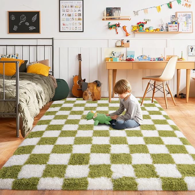 Pionblank Fluffy Area Rug for Bedroom 5x7, Modern Indoor Shag Carpet, Soft Plush Non Slip Checkered Rugs for Living Room Kids Room Home Decor, Grass Green and White