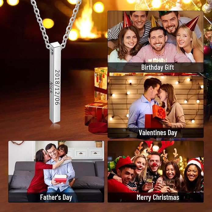 LanM Gifts for Dad Father's Day Gifts Personalized Mens Necklace Custom Name Necklaces for Men Bar Necklace for Women Engraved Initial Name Vertical Bar Necklace for Father
