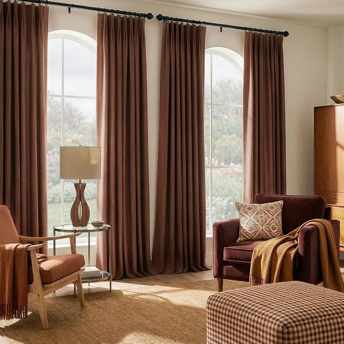 NICETOWN Heavyweight Pinch Pleat Earthy Terracotta 90" Long Curtains 395GSM, Room Darkening Faux Linen Drapery for Boho Living Room, Double-Sided Textured Panels with Hooks(40" Wide, Set of 2)