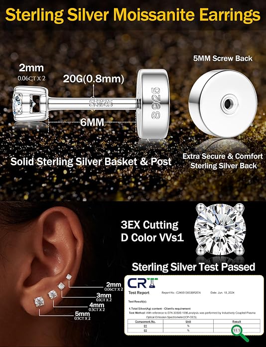 Moissanite Earrings for Men Women：Hypoallergenic Flat Back Earrings 925 Sterling Silver Stud Earring Small D Color VVS1 Moissanite 14K White Gold Plated Helix Cartilage Earring Studs Gift Jewelry