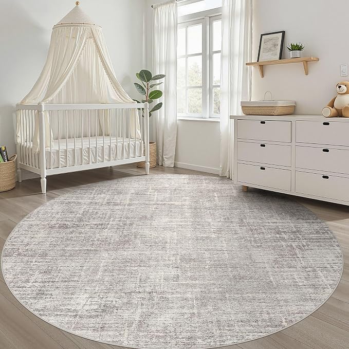 7ft Round Rug Living Room: 7x7 Washable Large Neutral Circle Area Rug Abstract Soft Modern Stain Resistant Indoor Floor Non-Slip Carpet for Bedroom Nursery Kids Office Playroom Dining Room- Brown Gray