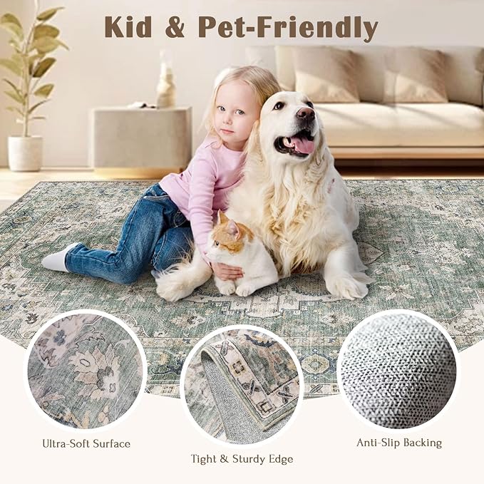 LUXRUG 2x3 Rugs for Entryway - Washable Doormat Ultra-Thin Sage Green Vintage Oriental Kitchen Rugs Non-Slip Front Door Mat Indoor Entrance Boho Small Throw Rug for Bedroom Bathroom Mudroom Carpet