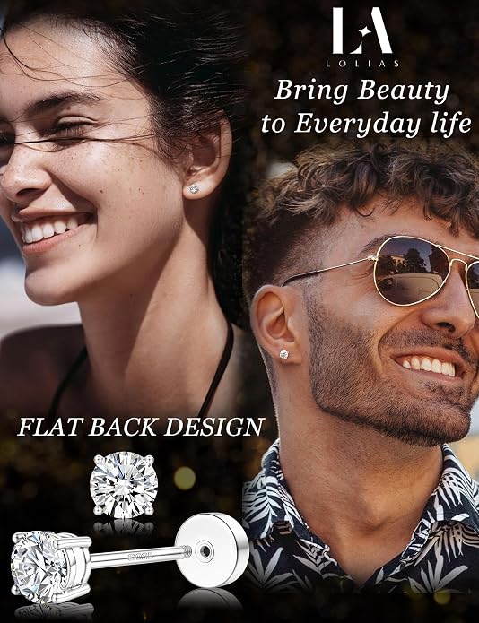 Moissanite Earrings for Men Women：Hypoallergenic Flat Back Earrings 925 Sterling Silver Stud Earring Small D Color VVS1 Moissanite 14K White Gold Plated Helix Cartilage Earring Studs Gift Jewelry