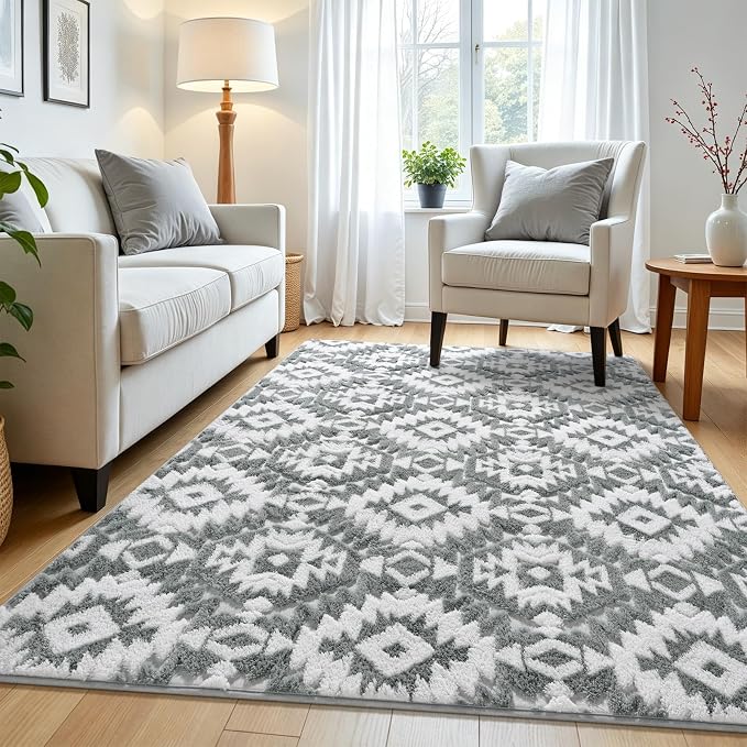 Macgace Soft Area Rug for Girls Bedroom, 4x6 Grey and White Shag Rugs | Washable Non-Slip Backing Medium Pile Modren Geometric Fuzzy Carpet for Kids Room, Classroom, Living Room, Dorm