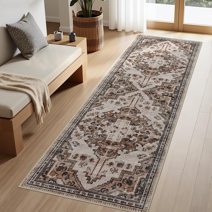 Joydeco Washable 2x5 Hallway Runner Rug Vintage, Blue Grey&Light Coffee | Water Resistant Low Pile Non Slip Backing for Kitchen Entryway Bedroom Bathroom Dining Room