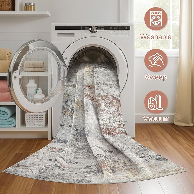 DMOYEST 9x12 Area Rug for Living Room, Washable & Non Slip Large Indoor Carpet, Kid & Pet Friendly Soft Thin Low Pile Abstract Rug for Bedroom and Office - Grey/Orange/Yellow