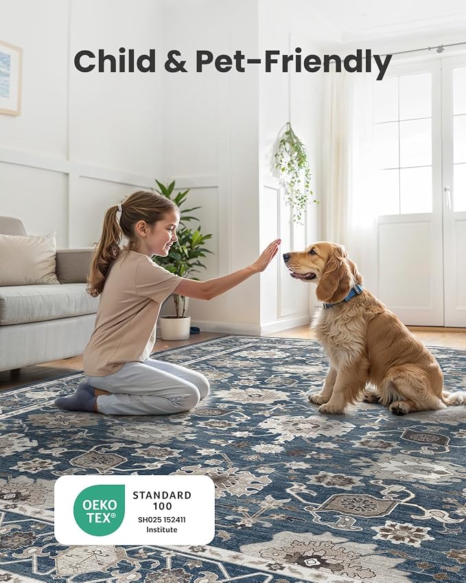 AMADA HOMEFURNISHING 9x12 Area Rug for Living Room, Vintage Washable Area Rug Low-Pile & Non-Slip Carpet for Bedroom Dining Room Nursery Home Office, Navy Blue/Brown
