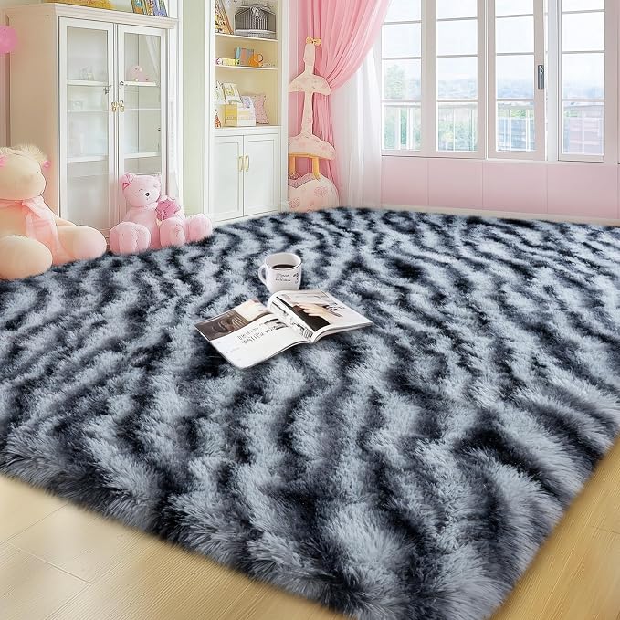 qulint Zebra Rug for Living Room, 6x9 Fluffy Large Area Rug for Bedroom | Soft Shaggy Modern Striped Carpet, Plush Animal Alfombras for Dorm Room Nursery Classroom Kid Room Home Decor Aesthetic