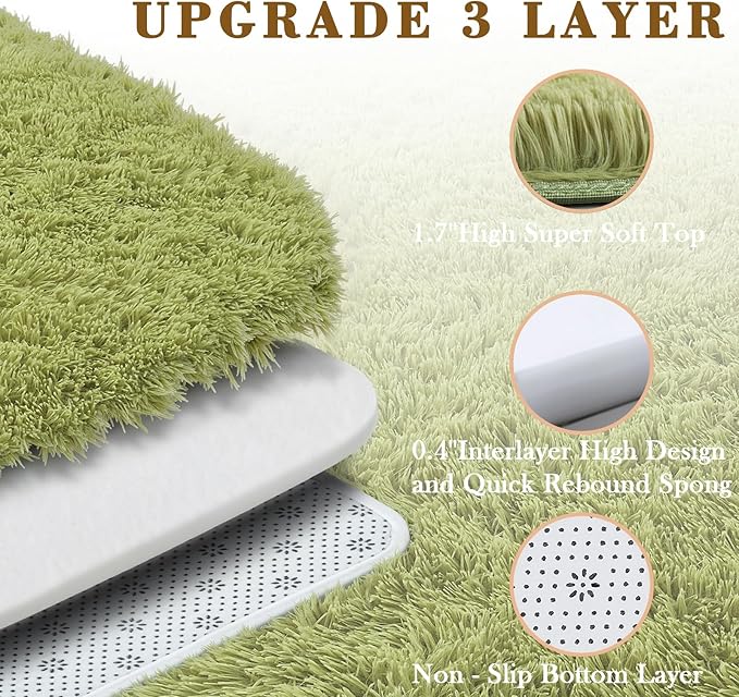 Fluffy Rug Shag Area Rug,Grass Green 3x5 Area Rugs for Bedroom | Non-Slip Small Soft Bedside Rug for Entryway,Living Room and Home Office