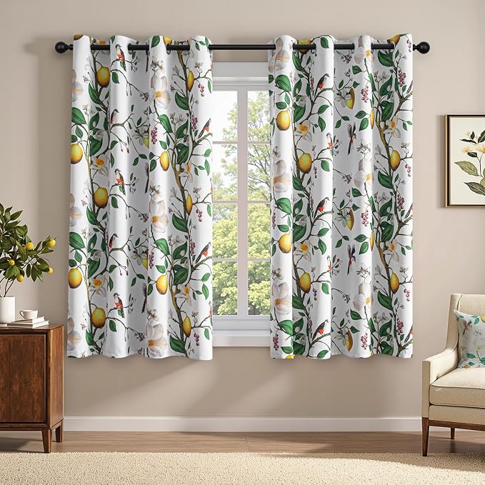 MYSKY HOME Floral Blackout Curtains 63 inch Length 2 Panels Set with Flower Hummingbird Lemon Print for Living Room Bedroom Room Darkening Privacy Vintage Grommet Curtains & Drapes, 52", Greyish White