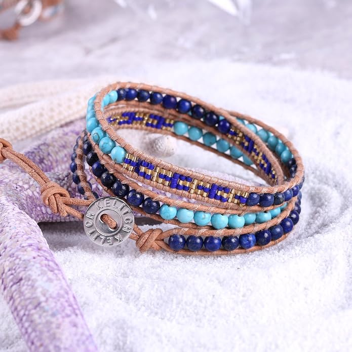 KELITCH Skull 3 Wrap Leather Bracelet Punk Beaded Bracelets Stackable Gothic Bangle Bracelets