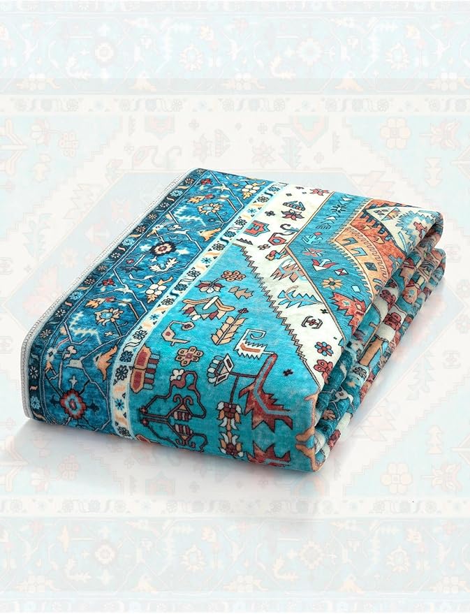 SERISSA Runner Rug for Hallways, 2'6"x18' Washable Non Slip Kitchen Runner Rug, Extra Long Boho Rug Ultra Soft Vintage Blue Print Floor Carpet for Hallway Living Room Dining Room Bedroom