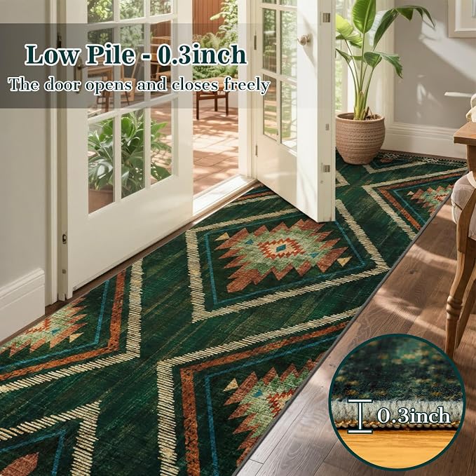 Runner Rugs for Hallway Boho 3x10Ft Non Slip, Green Moroccan Washable Kitchen Rug Runner Non Shedding, Soft Geometric Entryway Floor Carpet for Floor Bedroom Doorway Office Decor