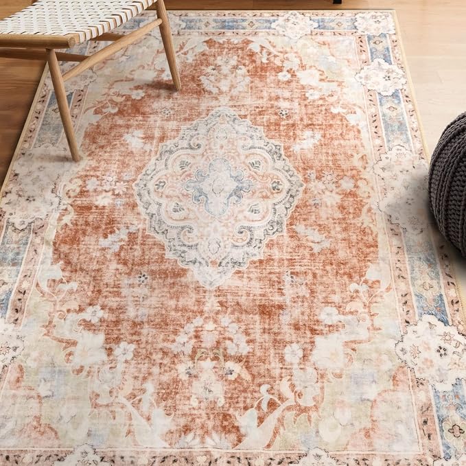 MUJOO 3x5 Rug Washable,Boho Area Rugs Small Non Slip Low-Pile Floral | Machine Washable Throw Carpet for Entryway Bedroom Bedside Kitchen Hallway Living Room Soft Indoor Flowers Orange Navy Blue