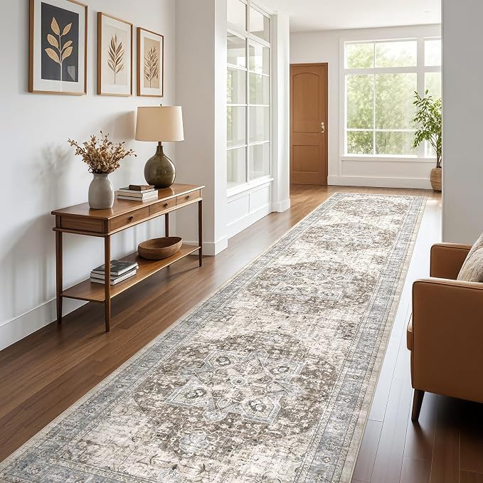 Tortania Area Rug 3x10 Runner Rugs - Washable Vintage Oriental Farmhouse Thin Indoor Carpet for Living Room Bedroom Hallway Entryway Kitchen Under Dining Table Home Office - Brown Blue