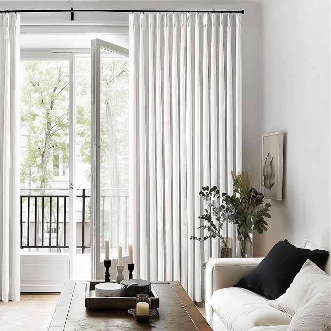 TWODRAPES 90 Inch Linen Blackout Curtains Pinch Pleated for Living Room Thermal Noise Reduction Two Layer 100% Black Out Curtains with Liner Back Tab Pinch Pleat Rings Hooks Window Drapes Track Ivory