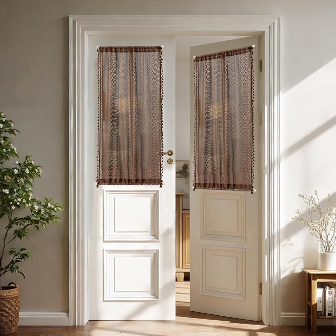 Sutuo Home Caramel Door Window Curtains for Drapery Glass & Sidelights, Boho French Country Style Tassels Vintage Drapes for Front Door Patio Decor, Rod Pocket 2 Panels 25" W x 40" L Dark Coffee