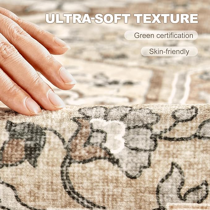 10x12 Washable Area Rug: Vintage Neutral Soft Non Slip Thin Large Floor Carpet for Living Room Bedroom Kitchen Dining Room Home Office Farmhouse Indoor - Beige Brown