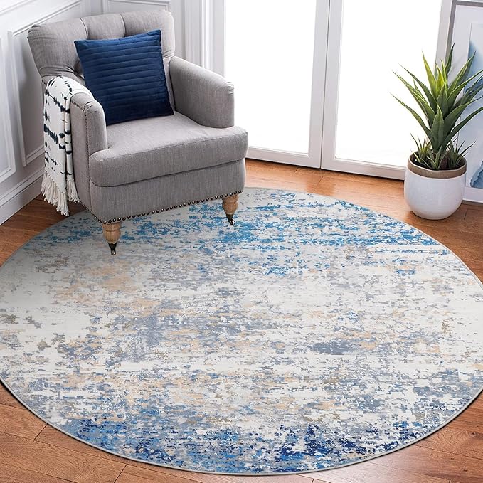 ROYHOME Modern Abstract 4x4 Round Area Rug Non Slip Non Shedding Rug Low Pile Stain Resistant for Bedroom Living Room Office Dining Room,Blue/Grey