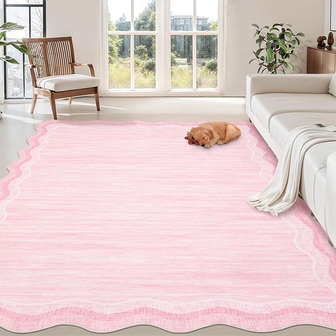 Garvee Scalloped 8x10 Rugs Washable Area Rugs for Living Room,Modern Stain Resistant Solid Rug for Bedroom, Scalloped Low Pile Non-Slip Neutral Rug for Farmhouse Dining Room Home Office Dorm,Pink | Rugs for Living Room, Non-Slip Soft Carpet for Bedroom...