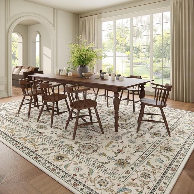 Boho Washable 10x14 Area Rugs for Living Room, Cushioned, Beige | Vintage Non-slip Neutral Oriental Rugs for Bedroom Dining Room Nursery Office High Traffic Area