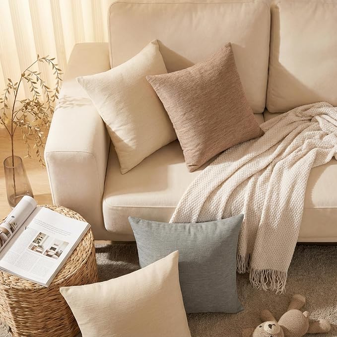 Set of 4 Neutral Throw Pillow Covers 22x22 Inch, Neutral Boho Farmhouse Aesthetic Decorative Pillow Cases for Couch, Sofa, Living Room & Bed, Soft Chenille Pillow Cases, Stylish Home Decor, 55x55 cm