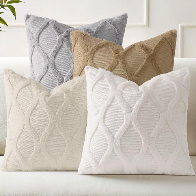 decorUhome Set of 4 Faux Fur Throw Pillow Covers 20x20(Cream/Khaki) | Neutral Decorative Soft Plush Couch Pillow Covers, Farmhouse Pillow Cases for Living Room Bed Sofa