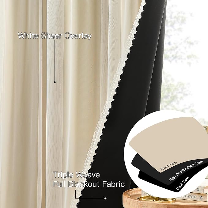 XiDi Beige Curtains with Sheer Overlay for Bedroom 100% Blackout Curtains 84 Inches Long for Living Room 2 Panels Light Block Soundproof Mix and Match Double Layer Window Drapes Grommet W52 x L84