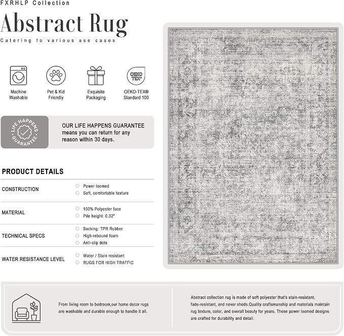 Washable Area Rug 3x5 Entryway Rug: Washable Modern Abstract Soft Thin Rug Indoor Floor No Slip Carpet for Bedroom Dining Room Farmhouse Nursery Home Office - Retro Black Grey