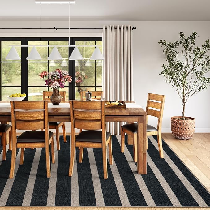 Lahome Striped Easy Jute Living Room Rug, 8x10 Outdoor Patio Rugs Washable | Black Indoor Area Rug, Modern Farmhouse Geometric Non Slip Non Shedding Carpet for Office Backyard Dining Room Sunroom