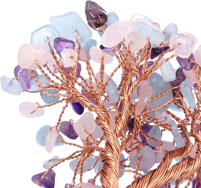 Jovivi Natural Amethyst + Aquamarine + Rose Quartz Healing Crystal Money Tree on Amethyst Cluster Geode Druzy Base Feng Shui Crystals for Home Office Desk Decorations, Wealth, Good Luck