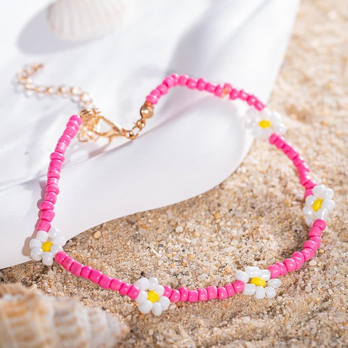 Ursumy Boho Ankle Bracelets for Women Summer Beaded Anklets Chain Beachy Flower Foot Jewelry
