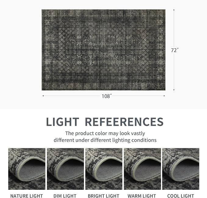 6x9 Vintage Washable Area Rug, Black | Living Room,Low Pile,Non Slip,Non-Shedding,Soft Indoor Stain Resistant,Floral Print, Bedroom Dining Room