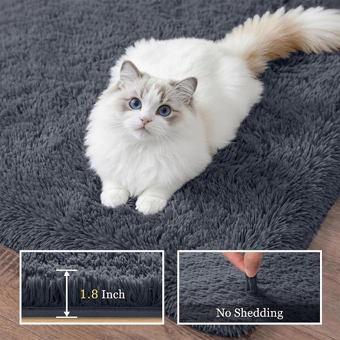 Fluffy Area Rugs 9x12 Living Room Bedroom: Ultra Soft Shag Rug Upgrade Non-Slip Non-Shedding Large Fuzzy Plush Carpet Indoor Floor Carpets for Kids Room Playroom Nursery Dorms Home Decor Grey