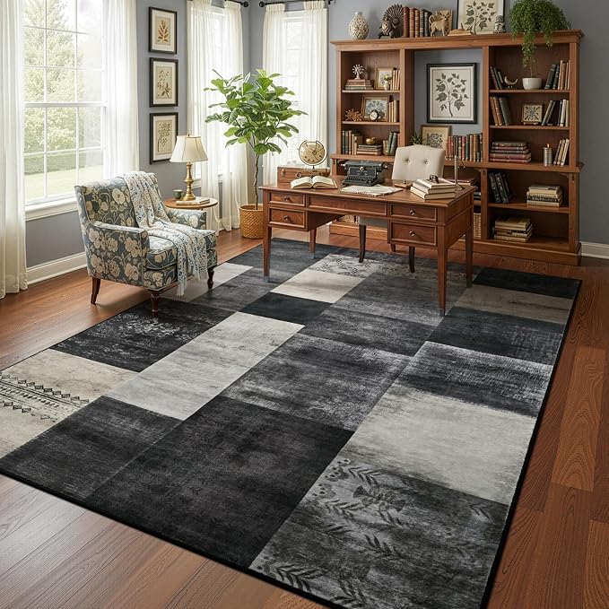 DweIke Washable Area Rugs 6x9 for Living Room, Large Modern Geometric Black White Soft Patchwork Carpet, Non-Slip Stain Resistant Throw Rug for Bedroom Dining Room Office Home Decor