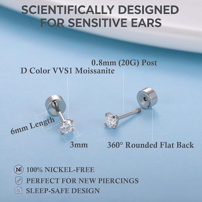 Moissanite Flat Back Earrings for Sensitive Ears | Implant Grade F136 Titanium Studs for Women Men | 18K White Gold Plated Hypoallergenic Sleep In Cartilage Lobe Piercing Jewelry, D Color VVS1 (3mm 4mm 5mm)