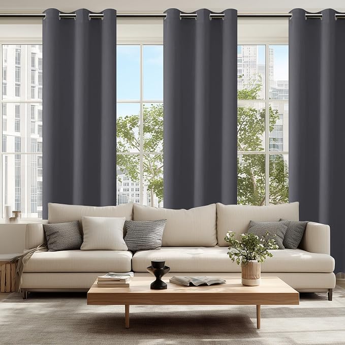 Hiasan Grommet Blackout Curtains for Bedroom, 38 x 84 Inches Long - Thermal Insulated & Light Blocking Window Curtains for Living Room, 2 Drape Panels Sewn with Tiebacks, Dark Grey