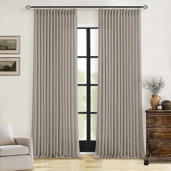 Pinch Pleated Linen Curtains 86 Inches Long for Living Room 2 Panels Set Greyish Beige Flax Double Pleated Drapes Back Tab Farmhouse Ceiling Floor 86 Inch Window Curtains Bedroom Burlywood Birch