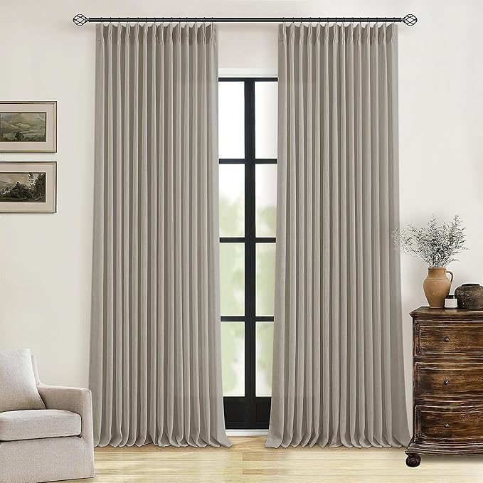 Burlywood Birch Pinch Pleated Linen Curtains 94 Inches Long for Living Room Bedroom 2 Panels Set Greyish Beige Flax Double Pleated Drapes Back Tab Farmhouse Ceiling Floor 94 Inch Window Curtains