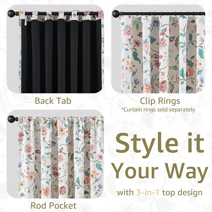 jinchan Beige Floral Blackout Curtains 63 Inch Back Tab 2 Panels Set | Room darkening, cream elegant vintage farmhouse drapes, botanical floral print, bedroom, living room, window treatment